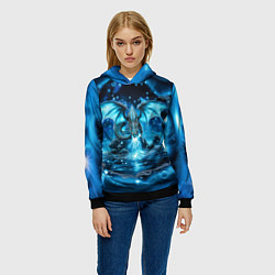 Толстовка-худи женская Водный дракон - голубое сияние, цвет: 3D-черный — фото 2