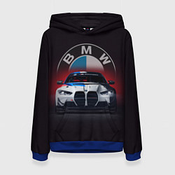 Толстовка-худи женская BMW на красном фоне, цвет: 3D-синий