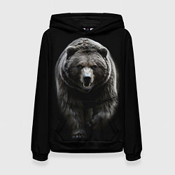 Толстовка-худи женская Грозный медведь с знаком лапа медведя, цвет: 3D-черный