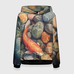 Толстовка-худи женская Акварельный Кои карп и камушки галька, цвет: 3D-черный