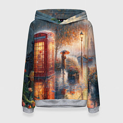 Толстовка-худи женская Красная телефонная будка на набережной, цвет: 3D-меланж