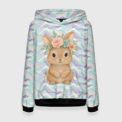 Толстовка-худи женская Зайчик с венком из цветов на голове, цвет: 3D-черный