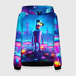 Толстовка-худи женская Бендер на сказочной неоновой грибной планете - ней, цвет: 3D-черный