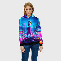 Толстовка-худи женская Бендер на сказочной неоновой грибной планете - ней, цвет: 3D-черный — фото 2