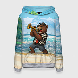 Толстовка-худи женская Медведь играет ска на пляже, цвет: 3D-меланж