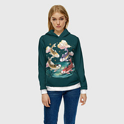 Толстовка-худи женская Рыбы в облаках над прудом, цвет: 3D-белый — фото 2