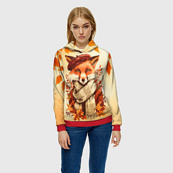 Толстовка-худи женская Осенний лис в шарфе, цвет: 3D-красный — фото 2