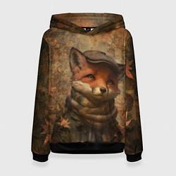 Толстовка-худи женская Лисёнок в клетчатом шарфе, цвет: 3D-черный