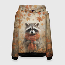 Толстовка-худи женская Осенней енот в шарфе, цвет: 3D-черный