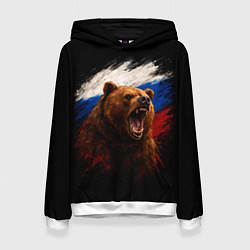 Толстовка-худи женская Медведь на фоне триколора, цвет: 3D-белый