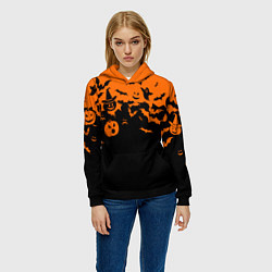 Толстовка-худи женская Хэллоуин тыквы и призраки, цвет: 3D-черный — фото 2