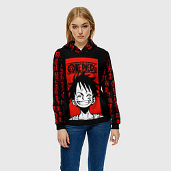 Толстовка-худи женская Ван Пис, Луффи на красном, цвет: 3D-черный — фото 2