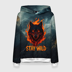 Толстовка-худи женская Stay wild волк в огне, цвет: 3D-белый