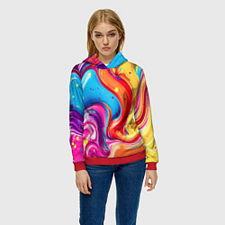 Толстовка-худи женская Смесь красно-жёлто-голубых масляных красок абстрак, цвет: 3D-красный — фото 2