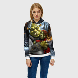 Толстовка-худи женская Шрек и Фиона в обнимку зимой, цвет: 3D-белый — фото 2