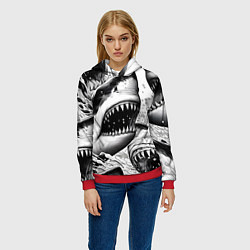 Толстовка-худи женская Белая акула - стая, цвет: 3D-красный — фото 2