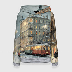 Толстовка-худи женская Трамваи в зимнем Санкт-Петербурге, цвет: 3D-меланж
