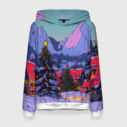 Толстовка-худи женская Новогодние елки в горном городке, цвет: 3D-белый