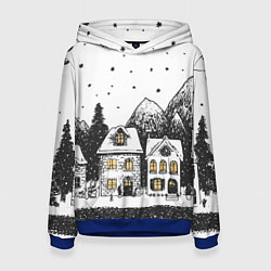 Толстовка-худи женская Черно-белый новогодний город, цвет: 3D-синий