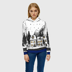 Толстовка-худи женская Черно-белый новогодний город, цвет: 3D-синий — фото 2