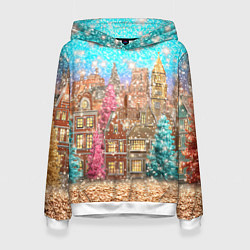 Толстовка-худи женская Новогодний город в блестках, цвет: 3D-белый