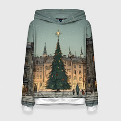 Толстовка-худи женская Новогодняя елка во дворе, цвет: 3D-белый