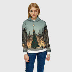 Толстовка-худи женская Новогодняя елка во дворе, цвет: 3D-белый — фото 2