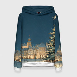 Толстовка-худи женская Новогодняя атмосфера в городе, цвет: 3D-белый