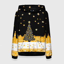 Толстовка-худи женская Новый год в черно-желтом стиле, цвет: 3D-черный