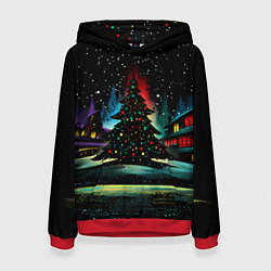 Толстовка-худи женская Новый год на черном фоне, цвет: 3D-красный