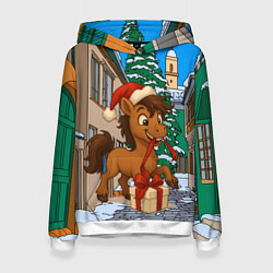 Толстовка-худи женская Лошадка распаковывает новогодний подарок, цвет: 3D-белый