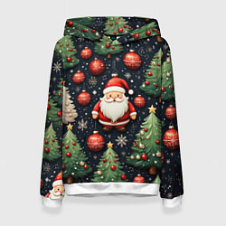 Толстовка-худи женская Новый год паттерн Дед мороз, цвет: 3D-белый