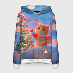 Толстовка-худи женская Рыжий котенок в сердечках у елочки, цвет: 3D-белый