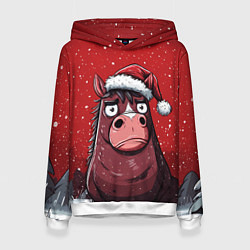 Толстовка-худи женская Конь в новогодней шапке, цвет: 3D-белый
