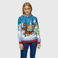 Толстовка-худи женская Лошадка везет на санках тазик оливье, цвет: 3D-красный — фото 2