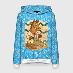 Толстовка-худи женская Лошадь готовит Оливье на Новый год, цвет: 3D-белый