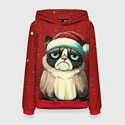 Толстовка-худи женская Грустный Новогодний мем котик, цвет: 3D-красный