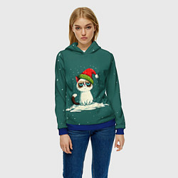 Толстовка-худи женская Милый мем Новогодний котенок, цвет: 3D-синий — фото 2