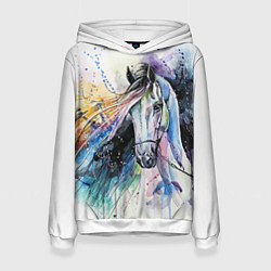 Толстовка-худи женская Акварельная лошадь, цвет: 3D-белый