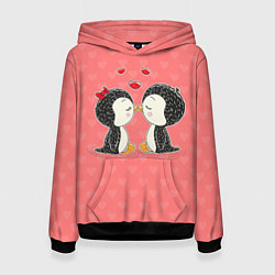 Толстовка-худи женская Влюбленные пингвины, цвет: 3D-черный