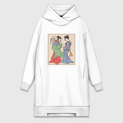 Женское худи-платье Японские Гейши Гравюра Укиё-э, цвет: белый