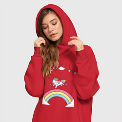 Женское худи-платье Единорог на радугу, цвет: красный — фото 2