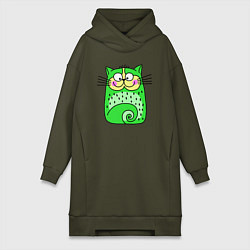 Женское худи-платье Прикольный зеленый кот, цвет: хаки