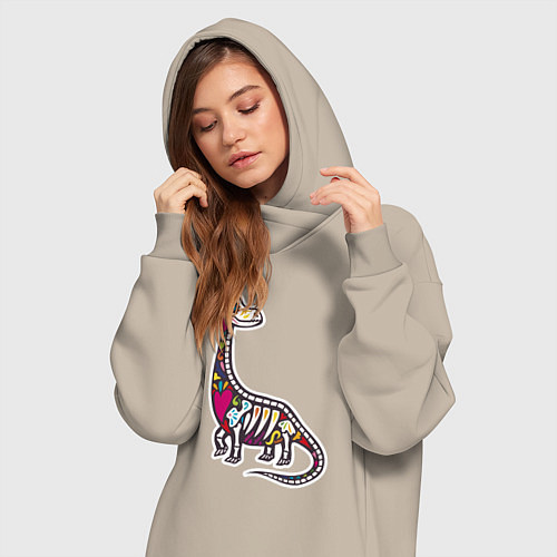 Женская толстовка-платье Разноцветный скелет динозавра / Миндальный – фото 3