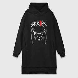 Женское худи-платье Skrillex Рок кот, цвет: черный
