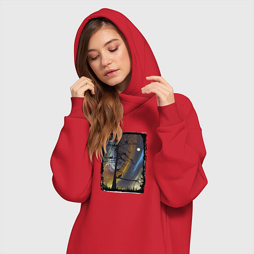 Женская толстовка-платье Кошки на дереве и северное сияние / Красный – фото 3