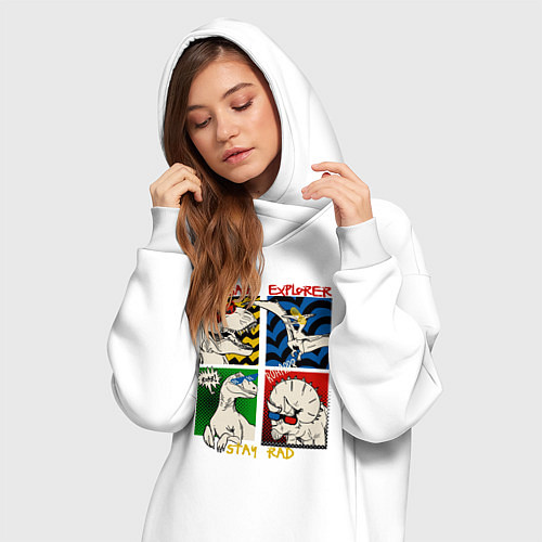 Женская толстовка-платье Поп арт динозавры в очках / Белый – фото 3