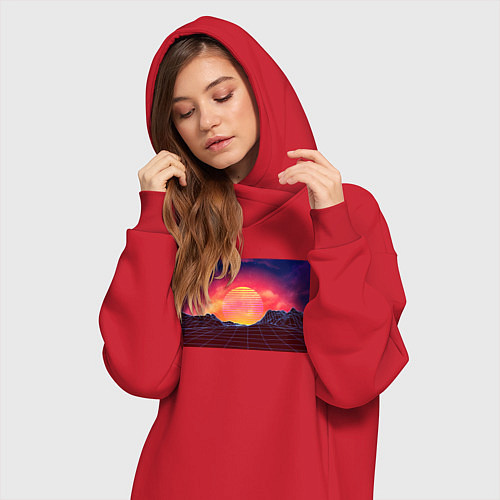 Женская толстовка-платье 3D неоновые горы на закате / Красный – фото 3
