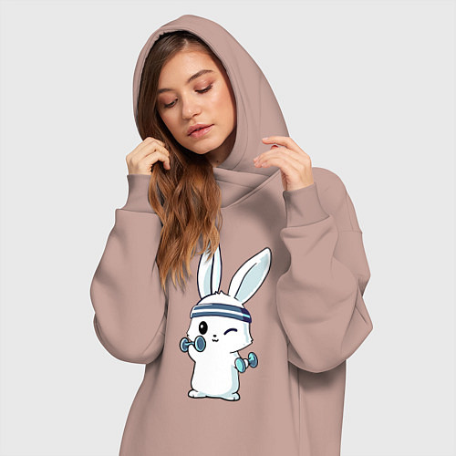 Женская толстовка-платье Прикольный зайчишка пауэрлифтер / Пыльно-розовый – фото 3