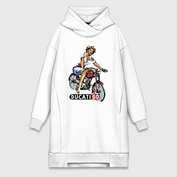 Женское худи-платье Красивая девушка на мотоцикле Ducati - retro, цвет: белый